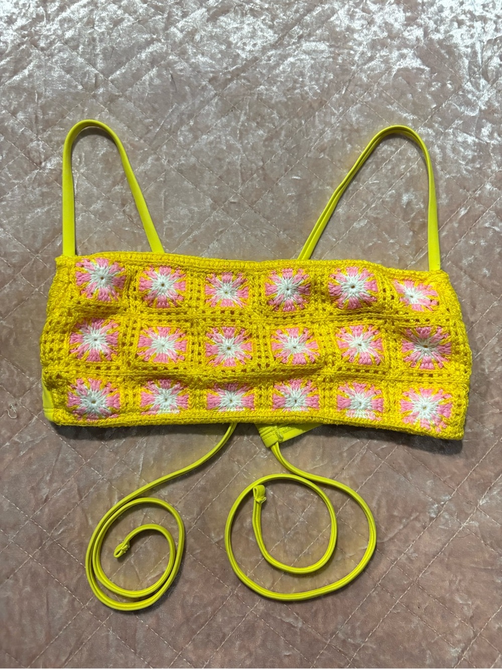 wild fable Yellow Crochet Bikini Top with Pink and White Accents